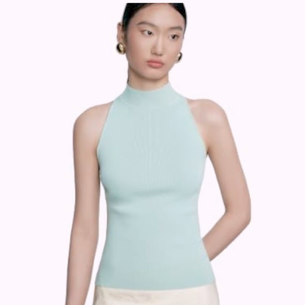 EUC Super Soft High Neck Sleeveless Knit Ribbed Sage Green Tank Top